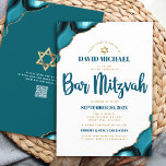 QR Code Bar Mitzvah Turquoise Agate Script White Invitation<br><div class="desc">Be proud, rejoice and showcase this milestone of your favourite Bar Mitzvah! Send out this cool, unique, modern, personalised QR code invitation for an event to remember. Dark teal blue script typography, faux gold sans serif typography and a faux gold Star of David overlay simple, clean white background with turquoise...</div>
