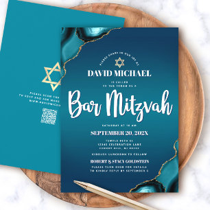 QR Code Bar Mitzvah Turquoise Ombre Agate Modern Invitation