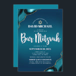 QR Code Bar Mitzvah Turquoise Ombre Agate Modern Invitation<br><div class="desc">Be proud, rejoice and showcase this milestone of your favourite Bar Mitzvah! Send out this cool, unique, modern, personalised QR code invitation for an event to remember. White script typography and a faux gold Star of David overlay a deep turquoise teal blue ombre background with turquoise blue agate accented with...</div>