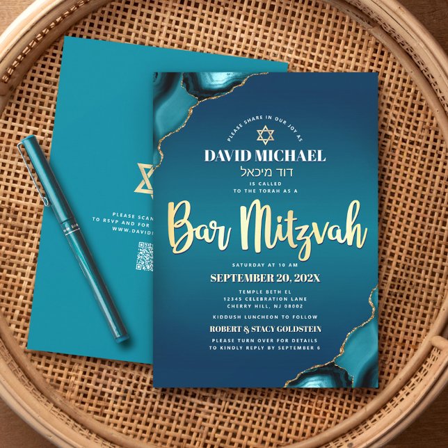 QR Code Bar Mitzvah Turquoise Ombre Agate Script Invitation (Creator Uploaded)