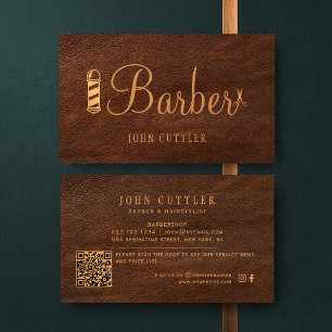 QR CODE barbershop vintage leather barber pole Business Card