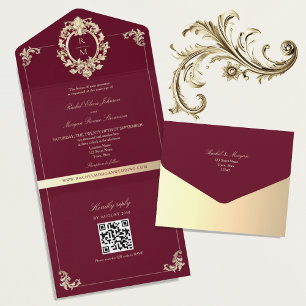 QR Code Baroque Burgundy Gold Wedding All In One Invitation