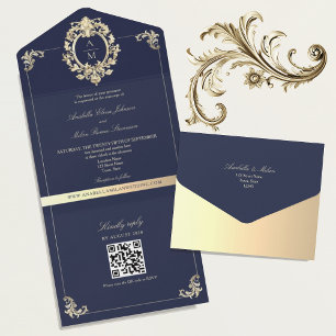 QR Code Baroque Navy Blue Gold Wedding All In One Invitation