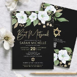 QR Code Bat Mitzvah Black Gold Floral Script Girly<br><div class="desc">Be proud, rejoice and showcase this milestone of your favourite Bat Mitzvah! Send out this sophisticated, modern, personalised QR code invitation for an event to remember. A chic, stunning, white and faux gold glitter floral watercolor with faux gold foil script typography and white sans serif type overlay a dramatic black...</div>