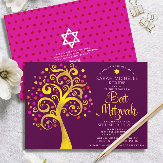 QR Code Bat Mitzvah Burgundy Gold Tree of Life Invitation (Creator Uploaded)