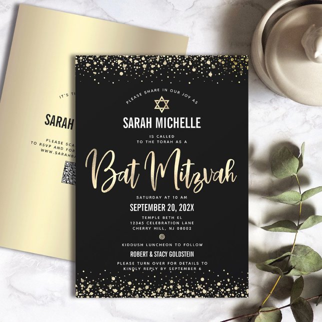 QR Code Bat Mitzvah Modern Black Gold Glitter Foil Invitation (Creator Uploaded)
