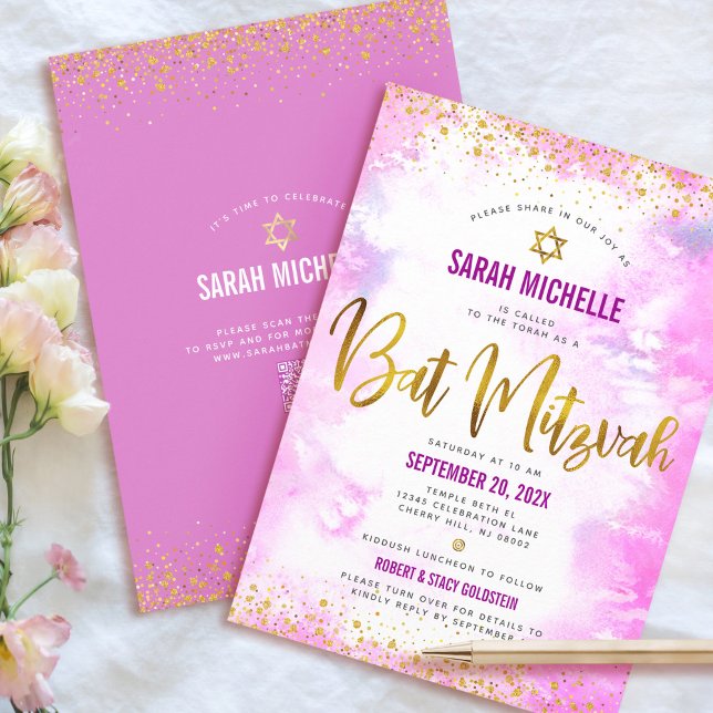 QR Code Bat Mitzvah Pink Watercolor Gold Glitter Invitation (Creator Uploaded)