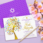 QR Code Bat Mitzvah Purple Gold Bold Tree of Life Invitation<br><div class="desc">Be proud, rejoice and showcase this milestone of your favourite Bat Mitzvah! Send out this bold, modern, personalised QR code invitation for an event to remember. A fun, graphic faux gold foil tree with sparkly turquoise, teal, purple and blue Star of David and dot “leaves”, faux gold foil calligraphy script...</div>