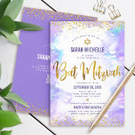 QR Code Bat Mitzvah Purple Watercolor Gold Glitter Invitation<br><div class="desc">Be proud, rejoice and showcase this milestone of your favourite Bat Mitzvah! Send out this stunning, modern, personalised QR code invitation for an event to remember. Sparkly faux gold foil script, glitter dots, Star of David and handwritten script typography overlay a light purple watercolor background. On the back, additional gold...</div>