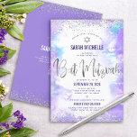 QR Code Bat Mitzvah Purple Watercolor Silver Foil Invitation<br><div class="desc">Be proud, rejoice and showcase this milestone of your favourite Bat Mitzvah! Send out this stunning, modern, personalised QR code invitation for an event to remember. Sparkly faux silver foil script, glitter dots, Star of David and handwritten script typography overlay a light purple watercolor background. On the back, additional silver...</div>