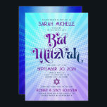 QR Code Bat Mitzvah Retro Blue Purple Gradient Fun Invitation<br><div class="desc">Be proud, rejoice and showcase this milestone of your favourite Bat Mitzvah! Send out this fun boho retro, personalised QR code invitation for an event to remember. Fun, trendy, bold purple and navy blue typography with modern sans serif typography overlay a background of pop light turquoise and purple ombre gradient...</div>