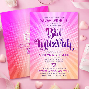 QR Code Bat Mitzvah Retro Pink Orange Gradient Fun Invitation