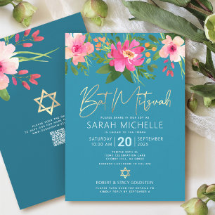 QR Code Bat Mitzvah Turquoise Floral Gold Script Invitation