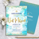 QR Code Bat Mitzvah Turquoise Gold Foil Watercolor Invitation<br><div class="desc">Be proud, rejoice and showcase this milestone of your favourite Bat Mitzvah! Send out this stunning, modern, personalised QR code invitation for an event to remember. Sparkly faux gold foil script, glitter dots, Star of David and handwritten script typography overlay a turquoise blue watercolor background. On the back, additional gold...</div>