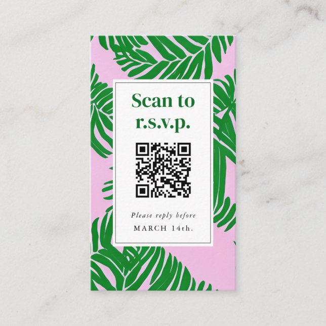 QR Code Beach Wedding RSVP Pink Green Palm Tree Enclosure Card (Front)