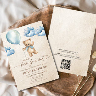 QR Code Bearly Wait Blue Boy Baby Shower Invitation