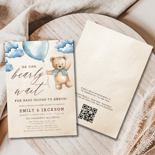 QR Code Bearly Wait Blue Boy Baby Shower Invitation