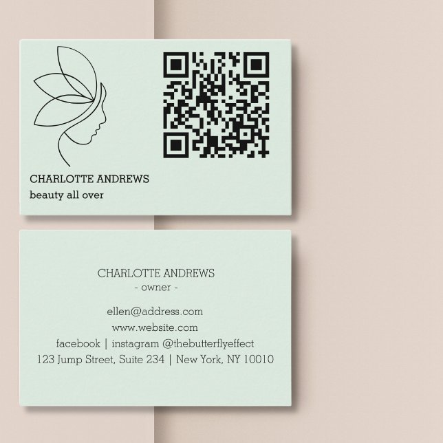 QR code, beauty, logo, line Art Green Business Card (QR code, beauty, logo, line Art Green Business Card)