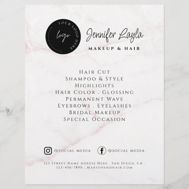QR Code Beauty Salon Custom Logo Pink Marble Flyer (Front)