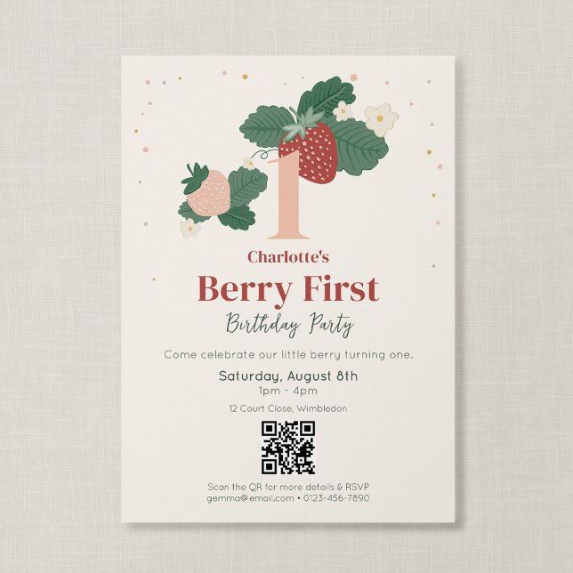 QR Code Berry First Birthday Heirloom Strawberry Invitation (Strawberry Garden - Berry First Birthday Invitation with QR Code)