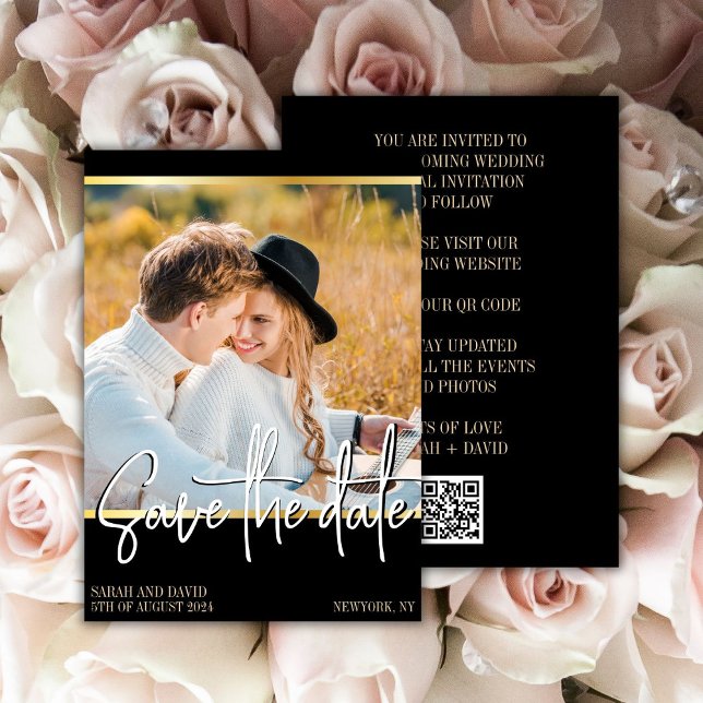 QR Code Black and Gold Photo Save The Date Card (Creator Uploaded)