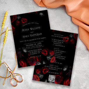 QR Code Black and Red Floral All in One Wedding Invitation