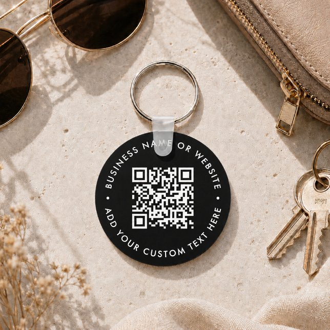 QR Code | Black Business Modern Budget Round Key Ring (Interactive editable QR code value keychains to promote your business, products or services.)