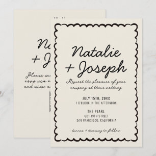 QR Code Black Cream Modern Whimsical Wedding Invitation