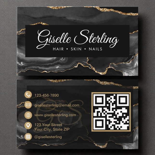 QR Code Black Gold Agate Elegant Luxury  Business Card (Creator Uploaded)