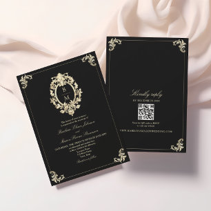 QR Code Black Gold Baroque Monogram Wedding Invitation