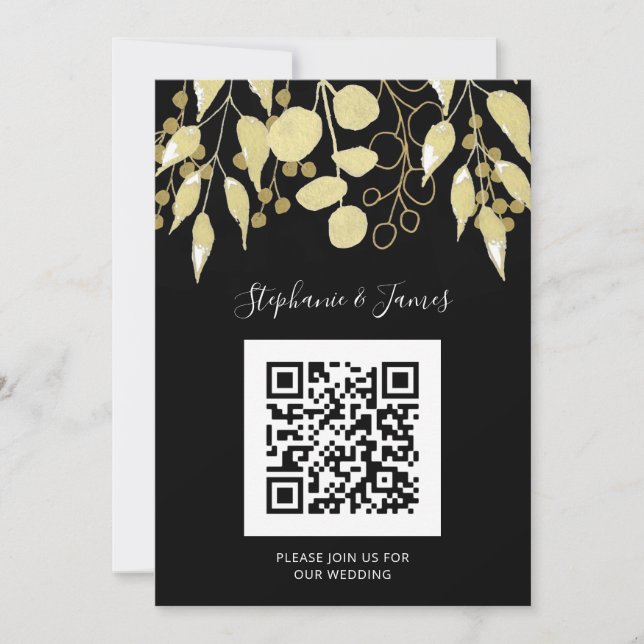QR Code Black Gold Foliage Wedding Invitation (Front)