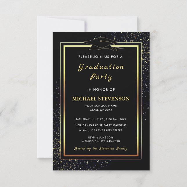 QR Code Black Gold Graduation Invitations Example (Front)