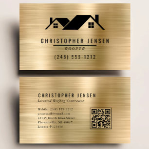 QR Code Black Gold Metallic Roofing Business Card