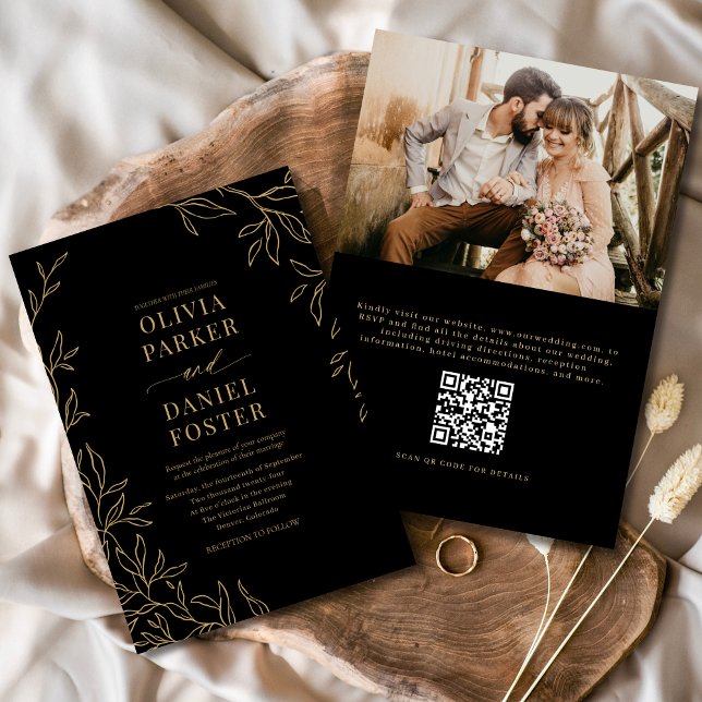 QR Code Black Gold Photo Elegant Wedding Invitation (Creator Uploaded)