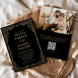 QR Code Black Gold Photo Minimalist Wedding Invitation