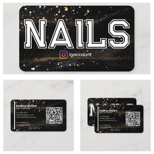 QR Code Black Gold Professional Nail Tech Business Card