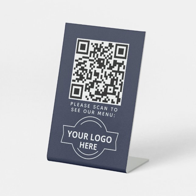 QR Code Black Menu Logo Contactless Modern Cafe Pedestal Sign (Front)