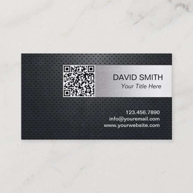 QR Code Black Metal Silver Striped Professional Business Card (Front)