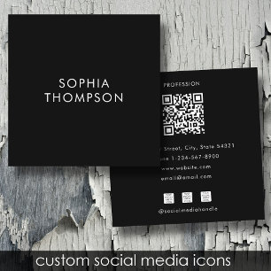 QR Code Black Minimalist Social Media Icons Square Business Card