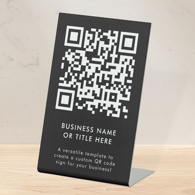 QR Code | Black Modern Minimalist Simple Business Pedestal Sign (Professional editable sign template with interactive QR code for events & small business promotion.)