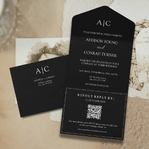 QR Code Black Monogram Wedding All In One Invitation