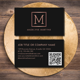 QR Code Black Rose Gold Monogram Elegant Business Card