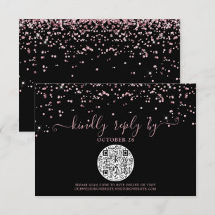 QR Code Black Rose Gold Pink Glitter Wedding RSVP Card