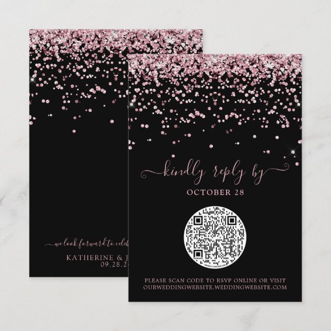 QR Code Black Rose Gold Pink Glitter Wedding RSVP Card (Front/Back)