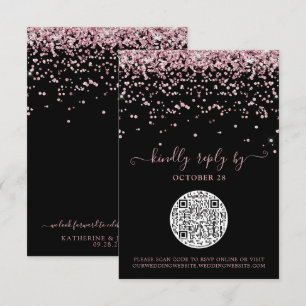 QR Code Black Rose Gold Pink Glitter Wedding RSVP Card