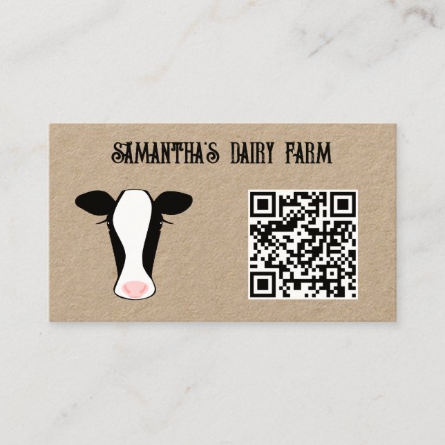 QR Code Black White Cow Farm Green Kraft Business Card (Front)