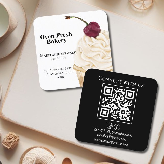 QR Code Black White Cupcake Bakery  Square Business Card (Creator Uploaded)