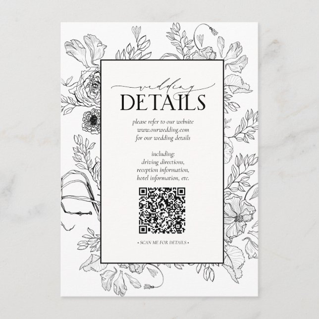 QR Code Black White Floral Wedding Details Enclosure Card (Front)