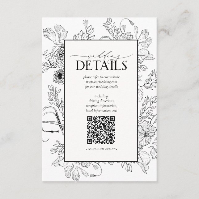QR Code Black White Floral Wedding Details Enclosure Card (Front)