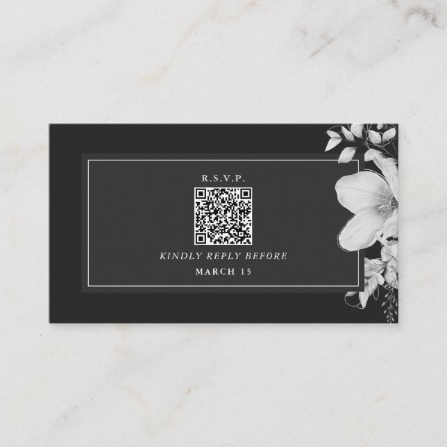 QR Code Black & White Floral Wedding RSVP Enclosure Card (Front)
